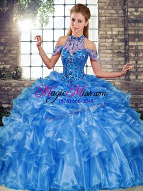 Fabulous Blue Sweet 16 Dresses Military Ball and Sweet 16 and Quinceanera with Beading and Ruffles Halter Top Sleeveless Lace Up