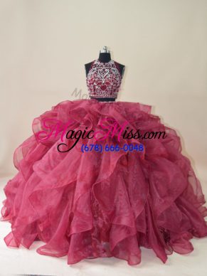 Luxury Brush Train Ball Gowns Quince Ball Gowns Burgundy Halter Top Organza Sleeveless Backless