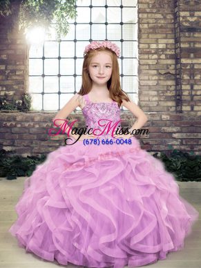 Elegant Lavender Tulle Lace Up Kids Pageant Dress Sleeveless Floor Length Beading and Ruffles