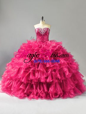 Smart Hot Pink Ball Gowns Organza Sweetheart Sleeveless Beading and Ruffles Floor Length Lace Up Sweet 16 Dress