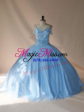 Blue and Light Blue Tulle Lace Up Quinceanera Dress Sleeveless Brush Train Beading