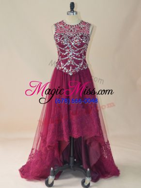 Sleeveless High Low Beading and Lace Lace Up with Burgundy