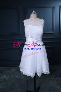 Luxurious Scoop Sleeveless Bridal Gown Beading and Lace White Tulle