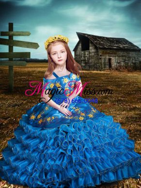Attractive Blue Little Girl Pageant Dress Wedding Party with Embroidery and Ruffled Layers Off The Shoulder Short Sleeves Lace Up
