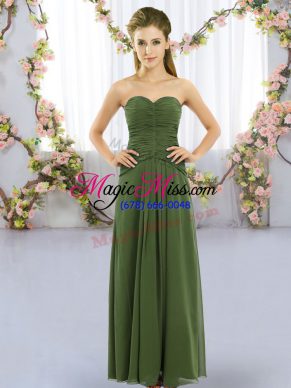 Beauteous Floor Length Lace Up Dama Dress Dark Green for Wedding Party with Ruching