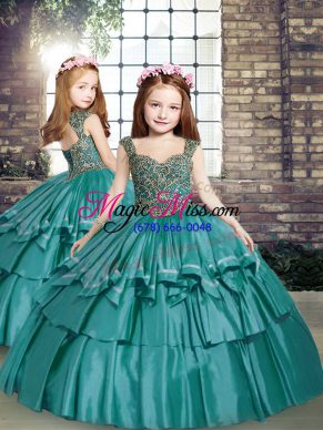 Beading Pageant Gowns For Girls Teal Lace Up Sleeveless Floor Length