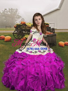 Eye-catching Fuchsia Sleeveless Floor Length Embroidery and Ruffles Lace Up Child Pageant Dress