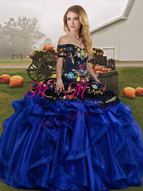 Custom Design Ball Gowns Sweet 16 Dresses Blue And Black Off The Shoulder Organza Sleeveless Floor Length Lace Up