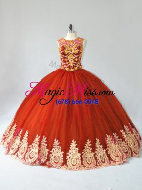 Captivating Rust Red Lace Up Scoop Appliques Quinceanera Gowns Tulle Sleeveless