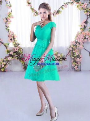 Hot Selling Turquoise A-line Ruching Quinceanera Court Dresses Lace Up Lace Cap Sleeves Mini Length