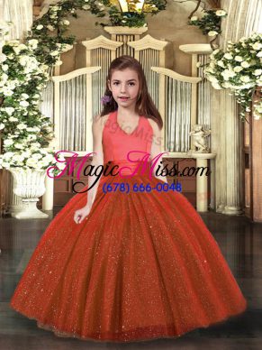 Halter Top Sleeveless Kids Pageant Dress Floor Length Ruching Rust Red Tulle