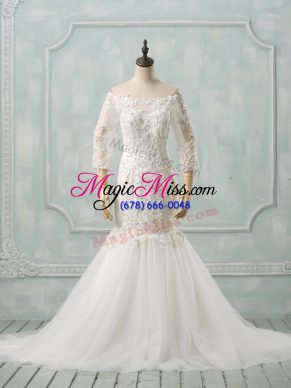 Lace Up Wedding Dresses White for Wedding Party with Lace Watteau Train