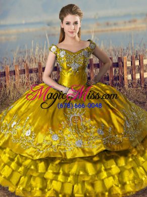 Off The Shoulder Sleeveless Lace Up Quinceanera Gown Brown Satin