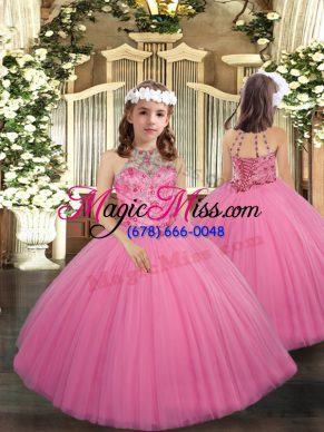 Hot Sale Sleeveless Floor Length Beading Lace Up Child Pageant Dress with Rose Pink