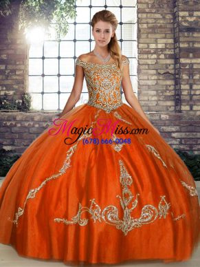 Stylish Sleeveless Tulle Floor Length Lace Up 15 Quinceanera Dress in Orange Red with Beading and Embroidery
