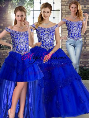 Chic Royal Blue Sweet 16 Dresses Tulle Brush Train Sleeveless Beading and Lace