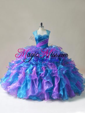 Comfortable Organza Straps Sleeveless Zipper Beading and Ruffles Quince Ball Gowns in Multi-color