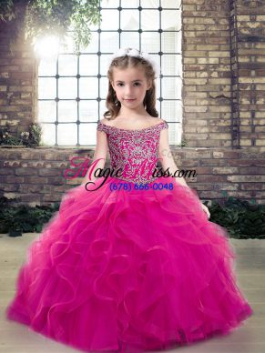 Beading and Ruffles Pageant Dress for Womens Fuchsia Lace Up Sleeveless Floor Length