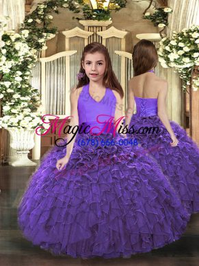 Purple Organza Lace Up Halter Top Sleeveless Floor Length Glitz Pageant Dress Ruffles