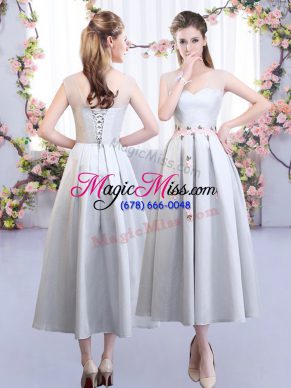 Great Straps Sleeveless Court Dresses for Sweet 16 Tea Length Appliques Silver Satin