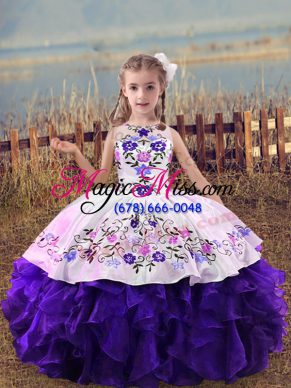 Sweet Purple Lace Up Kids Pageant Dress Embroidery and Ruffles Sleeveless Floor Length