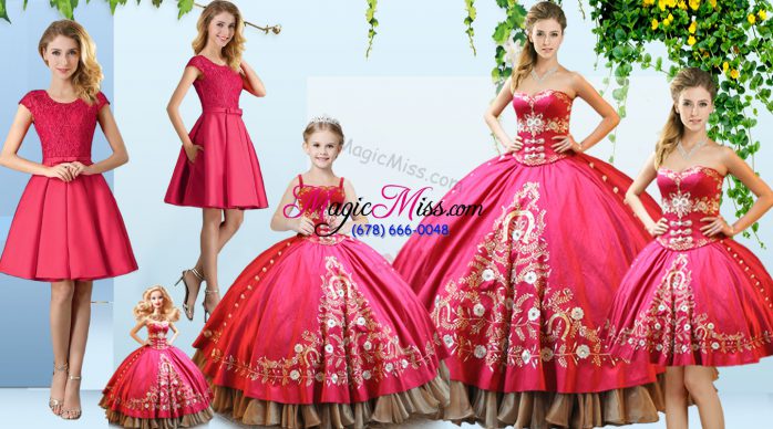 Stunning Floor Length Lace Up Sweet 16 Quinceanera Dress Hot Pink for Sweet 16 and Quinceanera with Embroidery