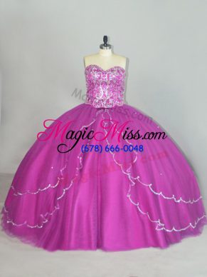 Low Price Sweetheart Sleeveless Brush Train Lace Up Quinceanera Dress Fuchsia Tulle