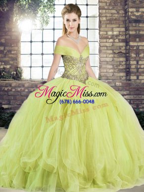 Delicate Off The Shoulder Sleeveless Lace Up Quinceanera Gowns Yellow Green Tulle