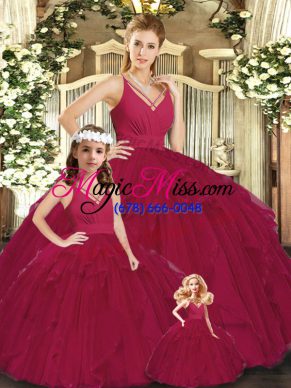 Stylish Burgundy Sleeveless Floor Length Ruching Lace Up Quinceanera Gowns