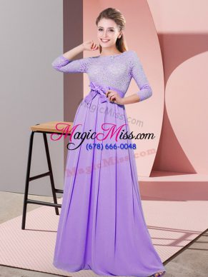 Graceful Lavender Empire Lace and Belt Bridesmaid Dress Side Zipper Chiffon 3 4 Length Sleeve Floor Length