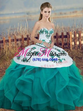 Nice Floor Length Lace Up Quinceanera Dresses Turquoise for Military Ball and Sweet 16 and Quinceanera with Embroidery and Ruffles and Bowknot