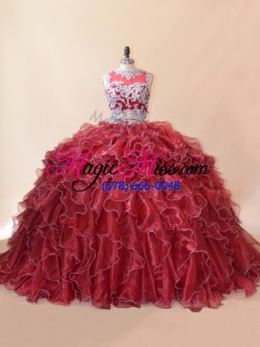 Red Quinceanera Gowns Organza Brush Train Sleeveless Beading and Lace and Appliques