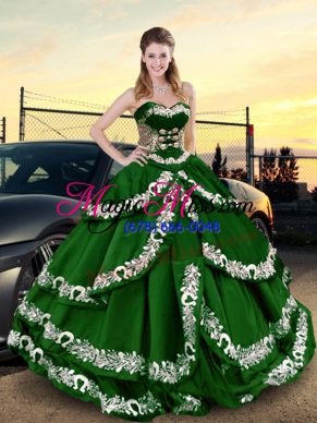 Dark Green Sweetheart Lace Up Appliques and Ruffled Layers Quince Ball Gowns Sleeveless