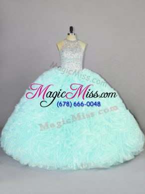 Traditional Apple Green Halter Top Lace Up Beading and Ruffles Sweet 16 Quinceanera Dress Sleeveless