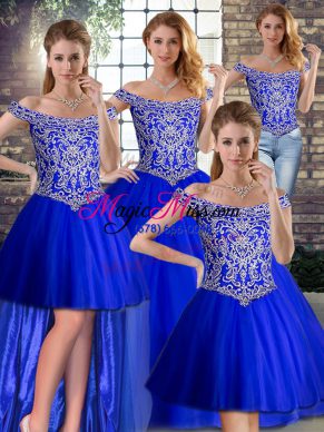 Enchanting Brush Train Ball Gowns Quinceanera Gowns Royal Blue Off The Shoulder Tulle Sleeveless Lace Up