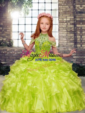 Dramatic Yellow Green Organza Lace Up Little Girl Pageant Dress Sleeveless Floor Length Beading and Ruffles