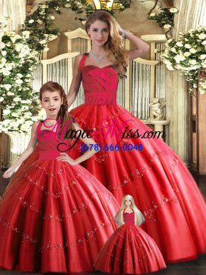 Eye-catching Red Tulle Lace Up Quince Ball Gowns Sleeveless Floor Length Appliques