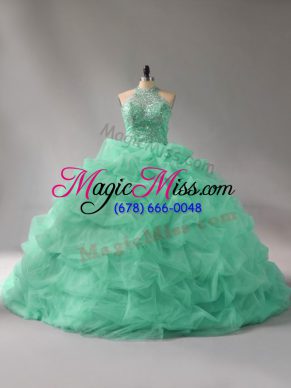 Elegant Apple Green Organza Lace Up Halter Top Sleeveless 15th Birthday Dress Court Train Beading and Pick Ups