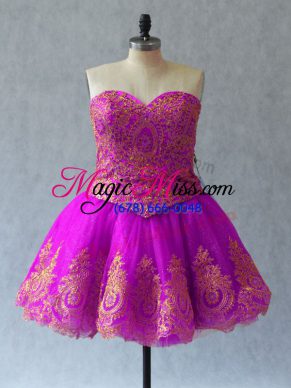 Inexpensive Mini Length Lace Up Cocktail Dress Fuchsia for Prom and Party with Appliques and Embroidery