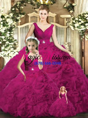 V-neck Sleeveless Quinceanera Dress Floor Length Beading Fuchsia Fabric With Rolling Flowers
