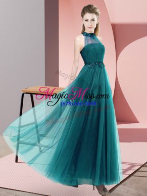 Teal Tulle Lace Up Halter Top Sleeveless Floor Length Wedding Guest Dresses Beading and Appliques