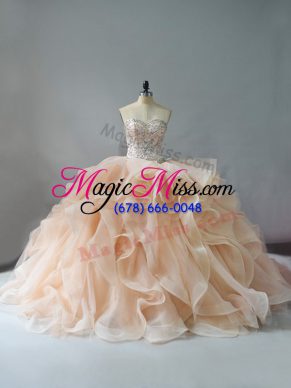 Champagne and Pink And White Lace Up Quinceanera Dresses Beading and Ruffles Sleeveless Brush Train