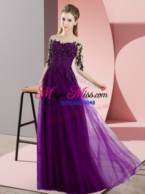 Beautiful Dark Purple Chiffon Lace Up Bateau Half Sleeves Floor Length Bridesmaid Dresses Beading and Lace