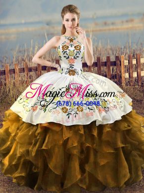 Classical Brown Sleeveless Organza Lace Up 15th Birthday Dress for Sweet 16 and Quinceanera