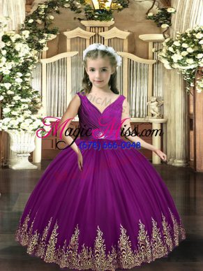 Eggplant Purple Sleeveless Embroidery Floor Length Little Girl Pageant Dress