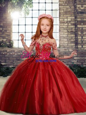 Elegant Red Sleeveless Beading Floor Length Little Girls Pageant Gowns
