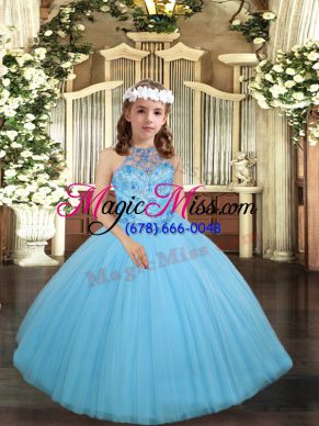Amazing Floor Length Lace Up Little Girls Pageant Dress Wholesale Aqua Blue for Party and Wedding Party with Beading