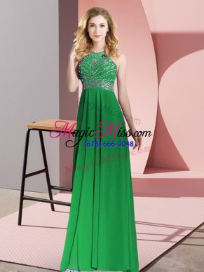 Sleeveless Chiffon Floor Length Backless Homecoming Dress in Green with Beading