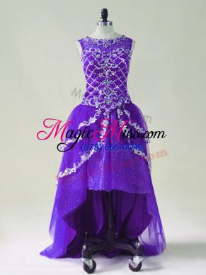 Purple A-line Beading and Appliques Homecoming Dress Zipper Tulle Sleeveless High Low