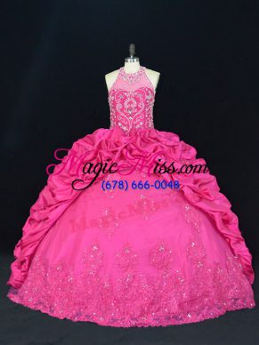 Chic Hot Pink Ball Gowns Halter Top Sleeveless Taffeta Lace Up Beading and Appliques and Embroidery and Pick Ups 15 Quinceanera Dress